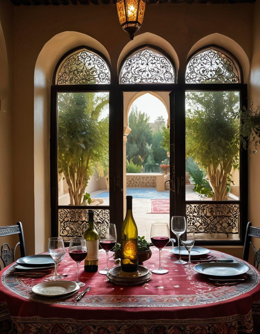 An elegant table set in an opulent Arab villa, adorned with traditional textiles and intricate patterns, showcasing an array of diverse wine bottles from various regions. Soft, ambient lighting highlights the rich hues of the wines, while ornate glasses reflect cultural motifs. Lush vines and Mediterranean scenery visible through arched windows in the background. evoke warmth and tradition. super-realistic. vibrant colors. soft focus.