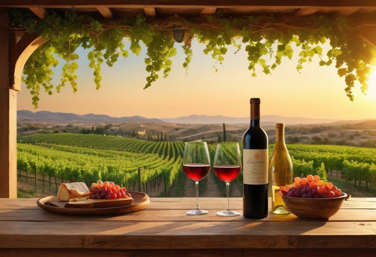 A luxurious vineyard landscape with rolling hills and grapevines under a golden sunset, showcasing premium Arab wine bottles elegantly placed on a rustic wooden table. Include a couple of visitors enjoying wine tasting with glasses in hand, surrounded by lush greenery, and hints of traditional Arab architecture in the background. The atmosphere should convey a sense of elegance and opulence. super-realistic. vibrant colors. warm tones.