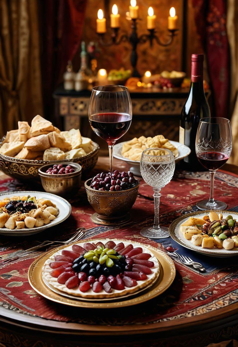 A beautifully styled table set with elegant crystal wine glasses filled with rich, deep-hued Arab wines, surrounded by an array of traditional Middle Eastern appetizers. In the background, a tapestry of historical images depicting ancient Arab vineyards and winemaking techniques, merging past and present. Soft golden lighting enhances the warm atmosphere. Artistic representation with intricate details and vibrant colors. super-realistic. vibrant colors. warm tones.